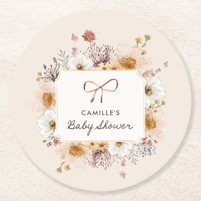 Posavasos Redondo De Papel Boho Floral Chica Baby Shower (Anverso)