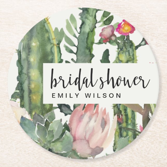 POSAVASOS REDONDO DE PAPEL BOHO PINK FLORAL DESERT CACTI FAUNA BRIDAL DUCHA (Anverso)