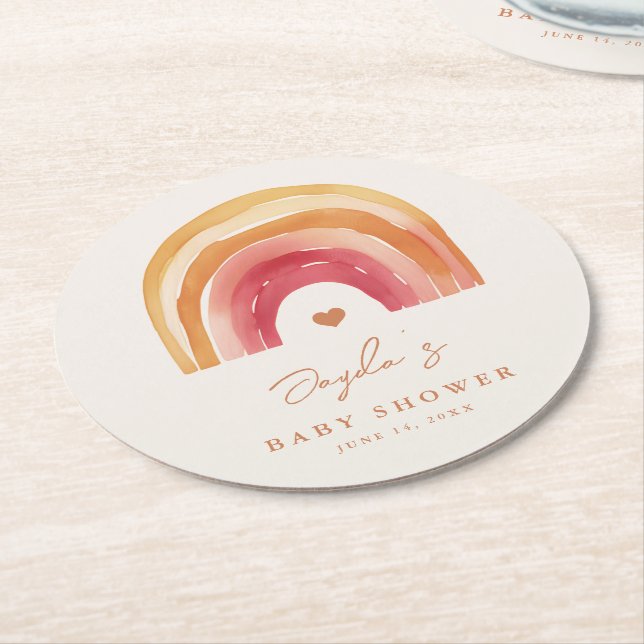 Posavasos Redondo De Papel Boho Rainbow Terracotta Baby Shower (En perspectiva)