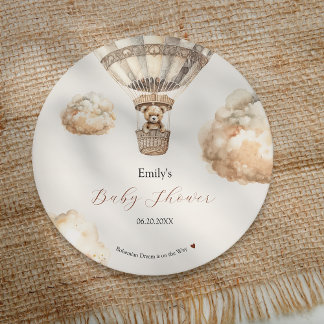 Posavasos Redondo De Papel Boho Teddy Bear Air Balloon Nubes Baby Shower