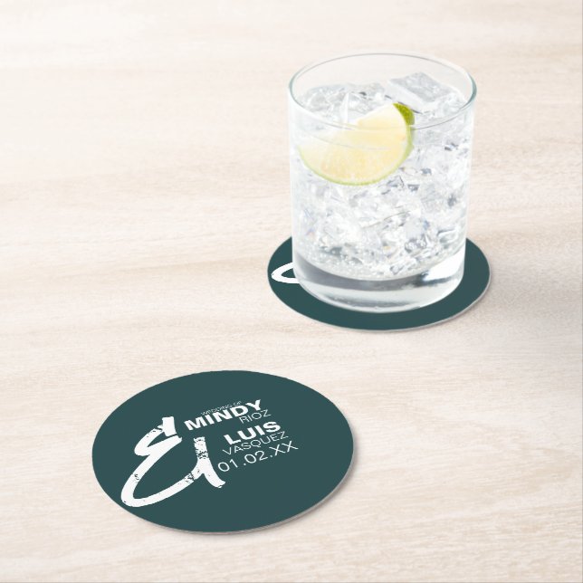 Posavasos Redondo De Papel BOLD AMPERSAND Boda blanco verde oscuro (In situ)