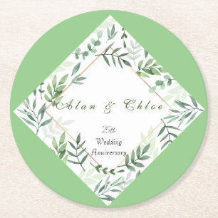 Posavasos Redondo De Papel Bolsa de papel Boda 25ª Botánica Verde Blanco