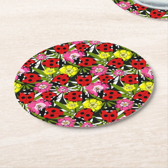 Posavasos Redondo De Papel Bonito Ladybug and FlowPattern Cute (En perspectiva)
