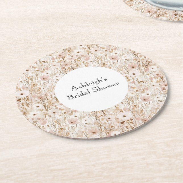 Posavasos Redondo De Papel Bonito Rubor Brown Floral Bridal Shower (En perspectiva)