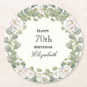 Posavasos Redondo De Papel Borde Floral Elegante Cumpleaños 70 Personalizado