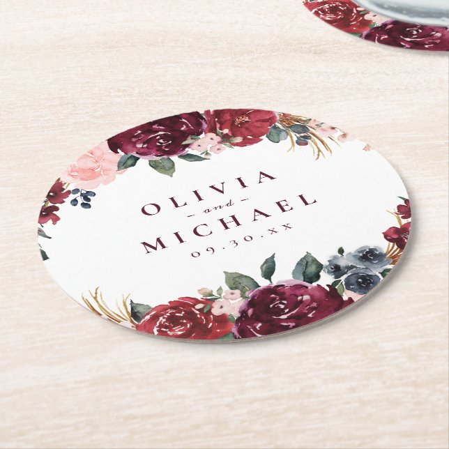 Posavasos Redondo De Papel Borgoña acuarela floral rústico boda de boho (En perspectiva)