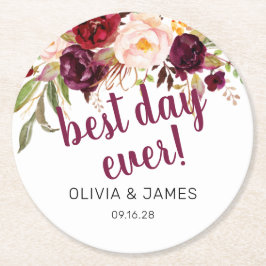 Posavasos Redondo De Papel Borgoña Floral mejor día de boda por favor
