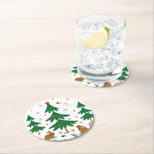 Posavasos Redondo De Papel Bosque de Navidad estrellado con conejos del bosqu