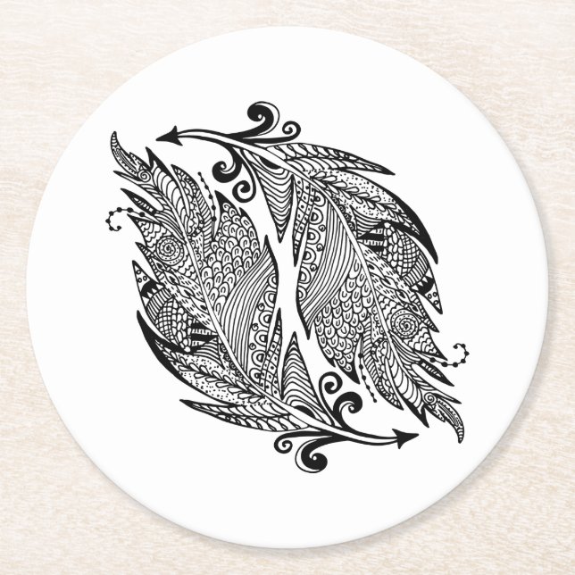 Posavasos Redondo De Papel Bosquejo inspirado de plumas (Anverso)