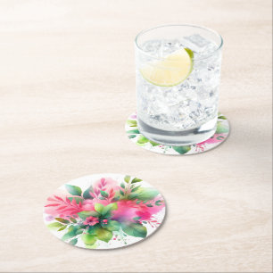 Posavasos Redondo De Papel Botánico Floral Acuarela Rosa Verde
