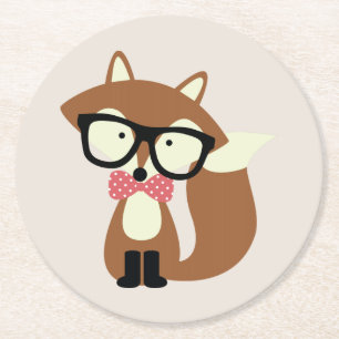 Posavasos Redondo De Papel Bow Tie y Glasses Hipster Brown Fox