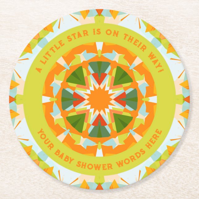 Posavasos Redondo De Papel Bright Orange Playful Green Fun Star Baby Shower (Anverso)