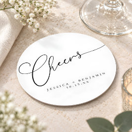 Posavasos Redondo De Papel Brindis Minimal Negro Blanco Escritura Bodas Perso