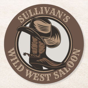Posavasos Redondo De Papel Brotes de Cowboy West Saloon personalizados