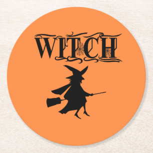 Posavasos Redondo De Papel Bruja Voladora Malvada de Naranja Halloween 