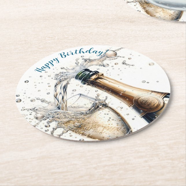 Posavasos Redondo De Papel Bubbly champagne Happy Birday (En perspectiva)