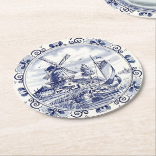 Posavasos Redondo De Papel Buceo Vintage Holandés de vela Delft Blue