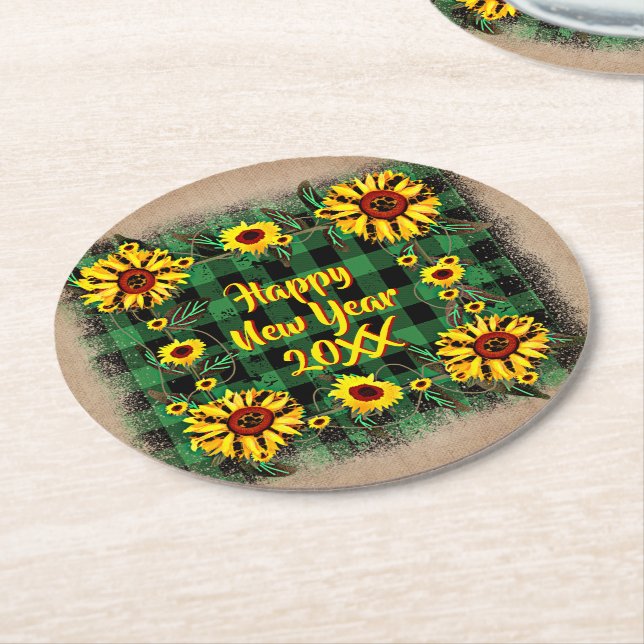 Posavasos Redondo De Papel Bufalo Plaid Sunflower Feliz Año Nuevo 20xx (En perspectiva)