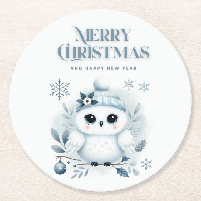 Posavasos Redondo De Papel Búho navideño (Anverso)