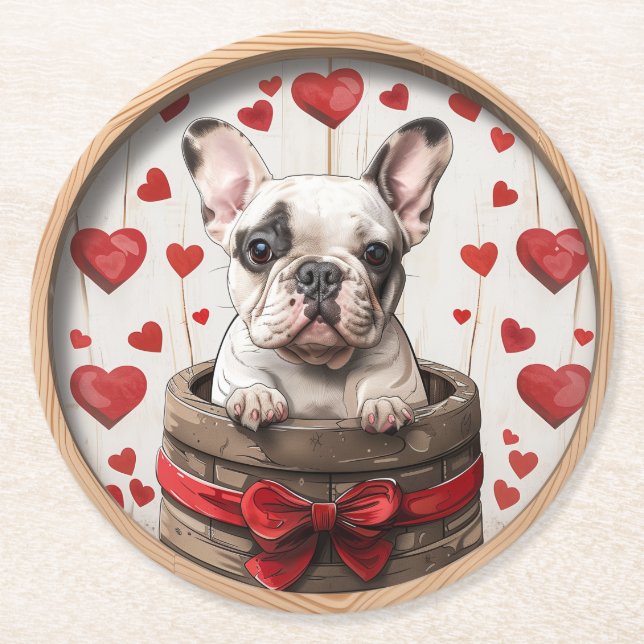 Posavasos Redondo De Papel Bulldog francés de San Valentín (Anverso)