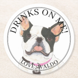 Posavasos Redondo De Papel Bulldog personalizado de flamenco blanco y negro