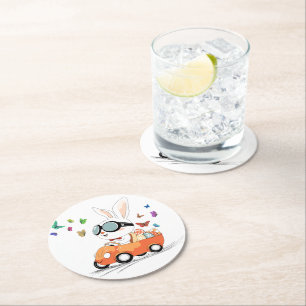 Posavasos Redondo De Papel Bunny Carrot Hopping Ride