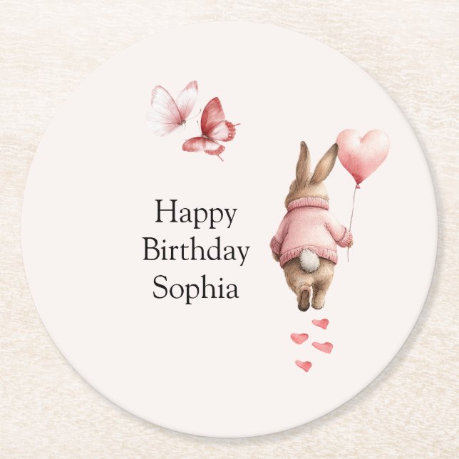 Posavasos Redondo De Papel Bunny Heart Balloon Pink Butterflies Birthday (Anverso)