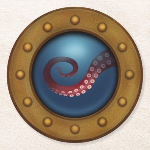 Posavasos Redondo De Papel Buque Porthole Con Submarino Náutico Octopus