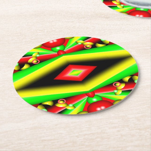 Posavasos Redondo De Papel Burbujas Y Rayas Amarillas Rojas Verdes Resumen Ar (En perspectiva)