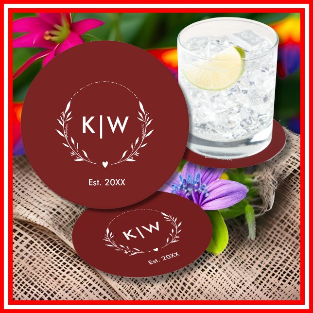 Posavasos Redondo De Papel Burdeos y blanco | Monograma de Iniciales Modernas (Subido por el creador)