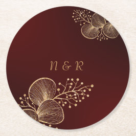 Posavasos Redondo De Papel Burgundy & Gilded Floral Elegant Wedding