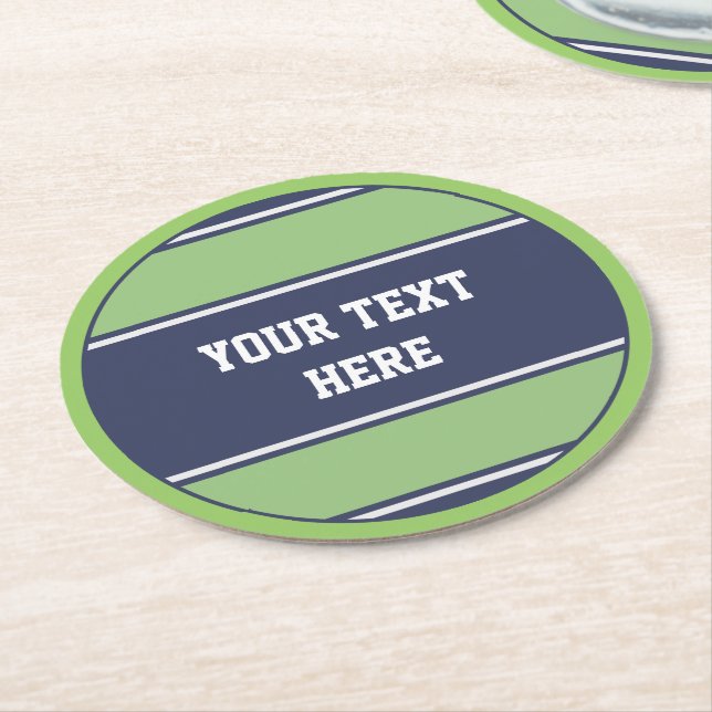 Posavasos Redondo De Papel BUTTON ROUND stripes mate azul verde + tu texto (En perspectiva)