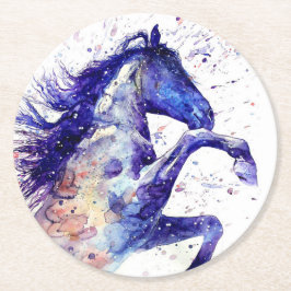 Posavasos Redondo De Papel Caballo Artístico Acuarela Salpicadura Pintura Azu