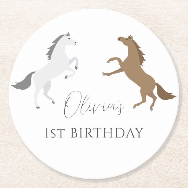 Posavasos Redondo De Papel Caballo de Vaquera Ecuestre 1er cumpleaños (Anverso)