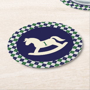 Posavasos Redondo De Papel Caballo Mecedor Preppy Argyle Cumpleaños 1