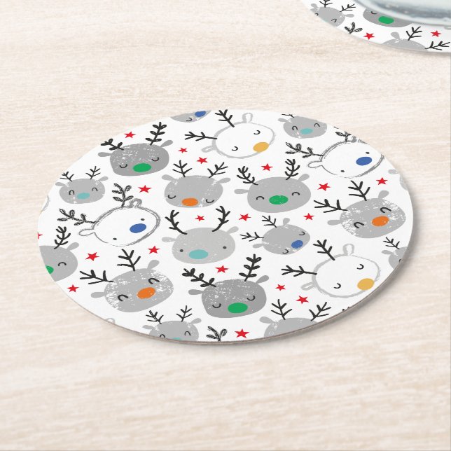 Posavasos Redondo De Papel Cabezas de Rudolph con pequeñas estrellas (En perspectiva)