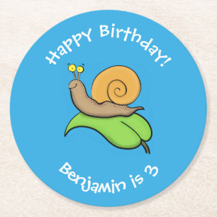 Posavasos Redondo De Papel Caca, caracol feliz en un ilustracion personalizad