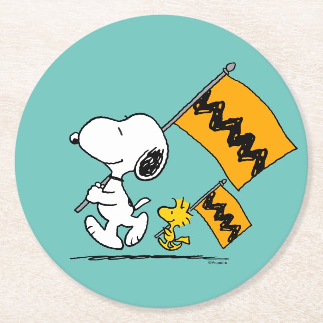 Posavasos Redondo De Papel Cacahuetes | Banderas Snoopy & Woodstock (Anverso)
