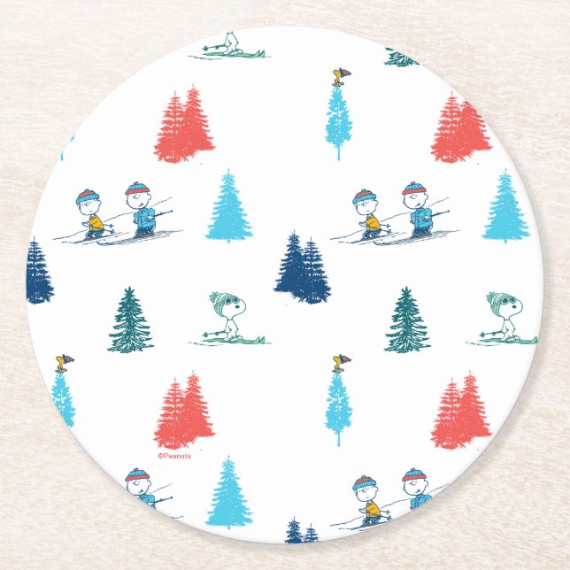 Posavasos Redondo De Papel Cacahuetes | Patrón de esquí de invierno (Anverso)