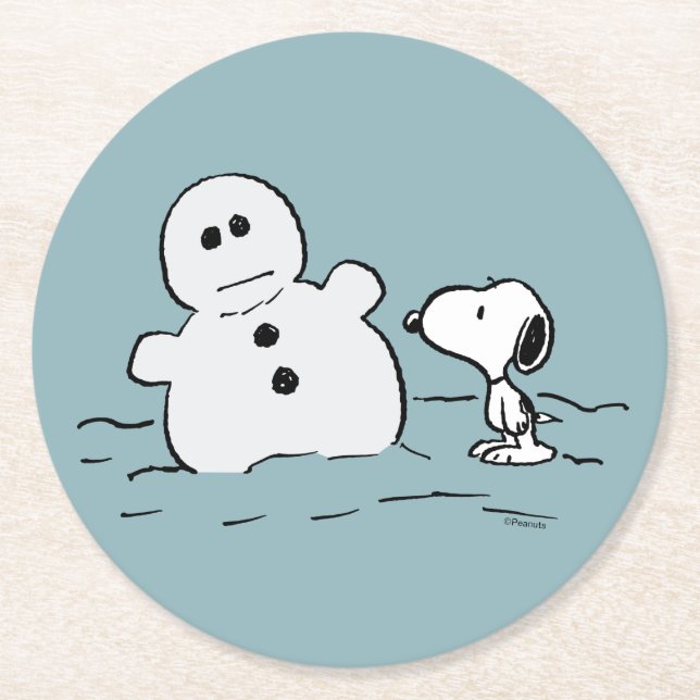 Posavasos Redondo De Papel Cacahuetes | Snoopy Construye Un Hombre De Nieve (Anverso)