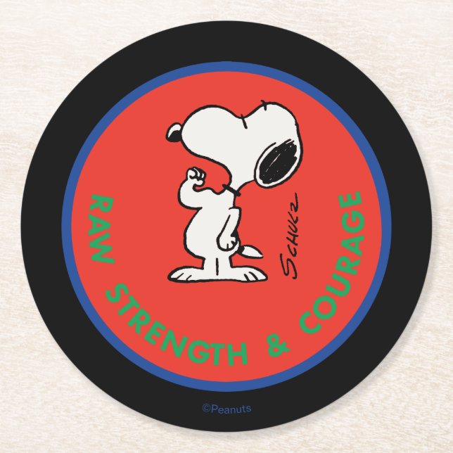 Posavasos Redondo De Papel Cacahuetes | Snoopy Raw Strength & Courage Badge (Anverso)