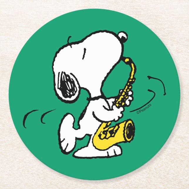 Posavasos Redondo De Papel Cacahuetes | Snoopy Saxophone Player (Anverso)