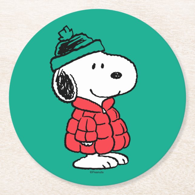 Posavasos Redondo De Papel Cacahuetes | Snoopy Winter Coat & Gorra (Anverso)