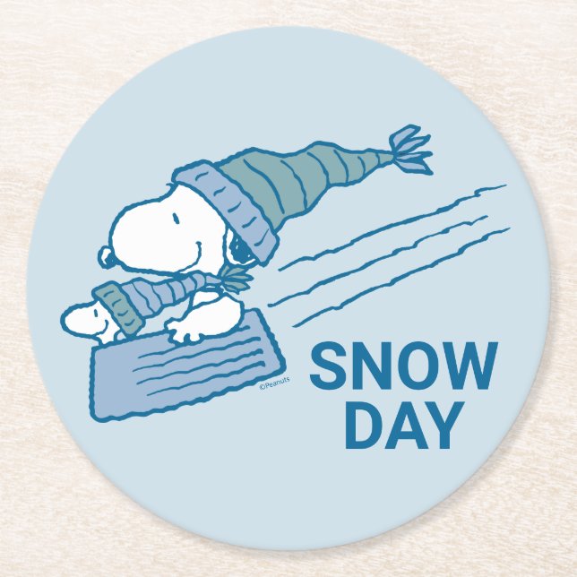 Posavasos Redondo De Papel Cacahuetes | Snoopy & Woodstock Sledding (Anverso)