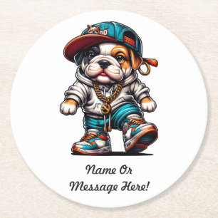 Posavasos Redondo De Papel Cachorro Bulldog Adorable con Ropa Urbana