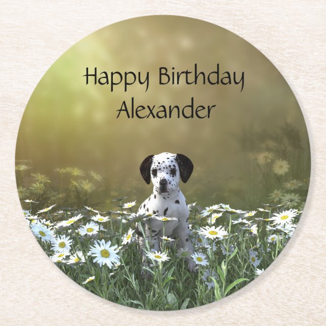 Posavasos Redondo De Papel Cachorro dálmata en daisies (Anverso)