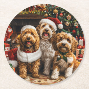 Posavasos Redondo De Papel Cachorros Goldendoodle de Navidad