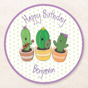 Posavasos Redondo De Papel Cactus gracioso trío ilustracion personalizado
