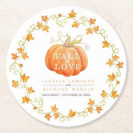 Posavasos Redondo De Papel Caer en el amor calabaza acuarela arte boda naranj