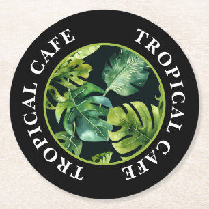 POSAVASOS REDONDO DE PAPEL CAFÉ TROPICAL, HOJAS TROPICALES EXUBERANTES NEGOCI